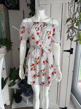 Urban Heritage White Polka Dot Dress with Red Floral Print small NWOT